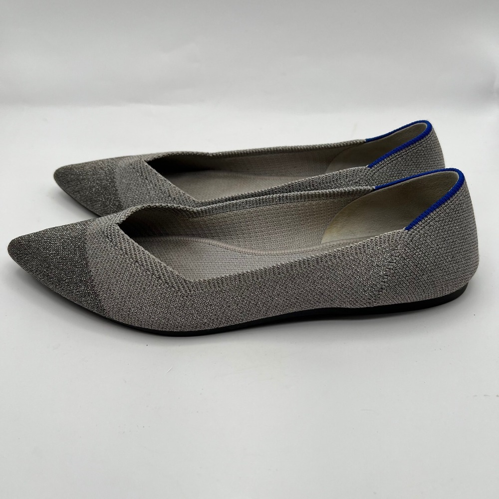 Rothys The Point Metallic Silver Grey Knit Pointed Toe Flats Shoes Womens 9 - Picture 2 of 6